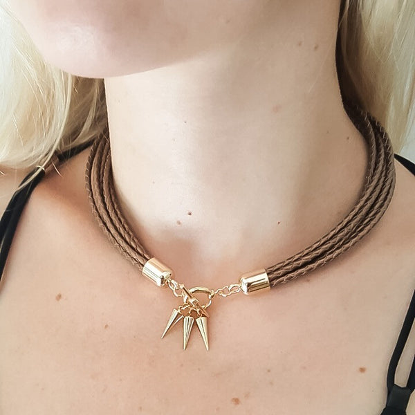 Two-in-one bronze leather choker and double bracelet | KRISTINAGOESWEST.COM - 4