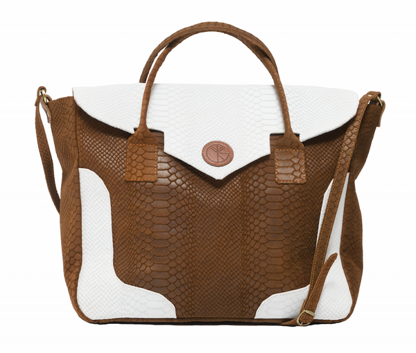 Brown and white natural leather python effect tote | KRISTINAGOESWEST.COM - 1