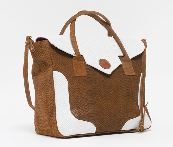 Brown and white natural leather python effect tote | KRISTINAGOESWEST.COM - 2