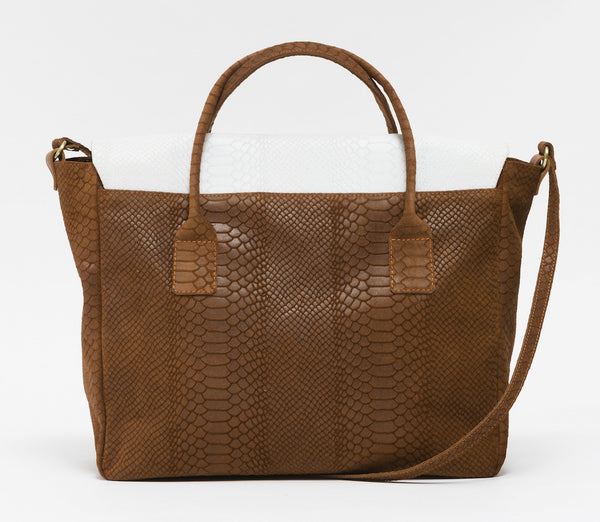 Brown and white natural leather python effect tote | KRISTINAGOESWEST.COM - 3