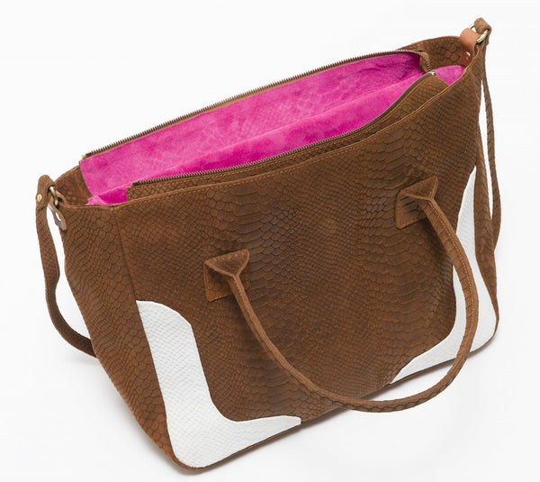 Brown and white natural leather python effect tote | KRISTINAGOESWEST.COM - 4