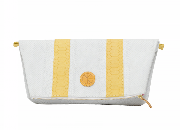 White and yellow python effect natural leather clutch | KRISTINAGOESWEST.COM - 1