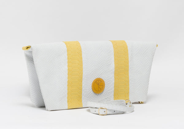 White and yellow python effect natural leather clutch | KRISTINAGOESWEST.COM - 2