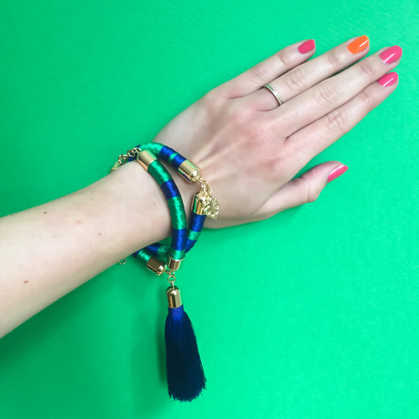 Navy blue and green hand woven silk satin bracelet with a tassel | KRISTINAGOESWEST.COM  - 4