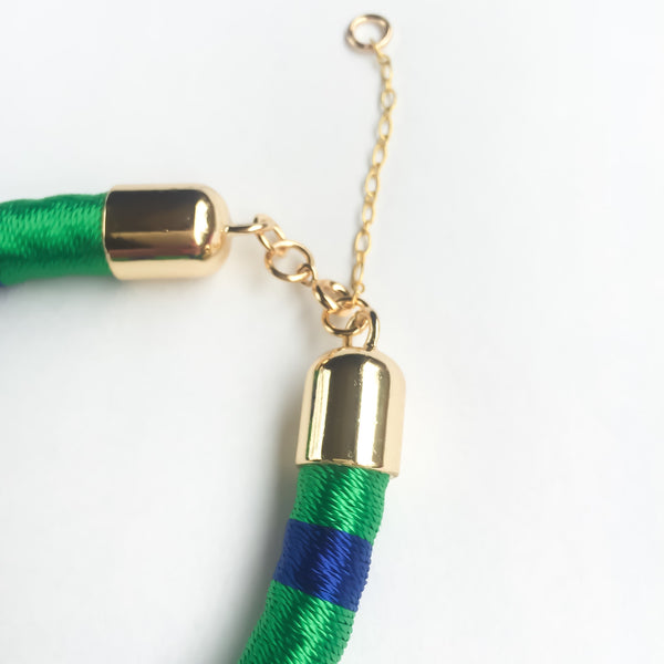 Navy blue and green hand woven silk satin bracelet with a tassel | KRISTINAGOESWEST.COM  - 3