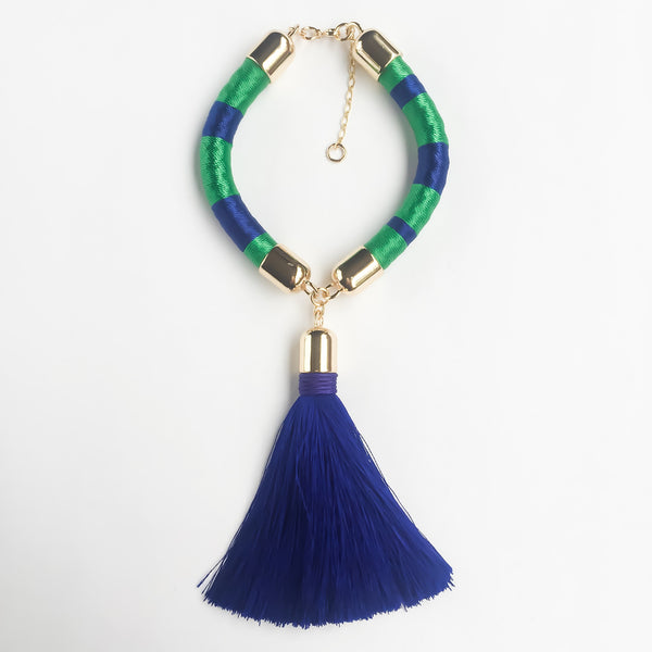 Navy blue and green hand woven silk satin bracelet with a tassel | KRISTINAGOESWEST.COM  - 1