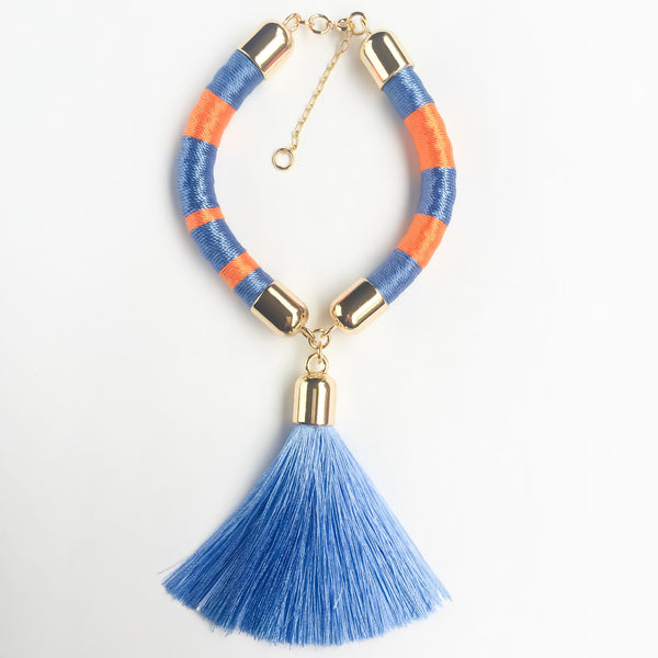 Light blue and orange hand-woven silk satin bracelet with a tassel | KRISTINAGOESWEST.COM - 1
