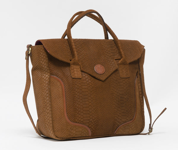 Tanned brown python effect natural leather handbag | KRISTINAGOESWEST.COM - 2