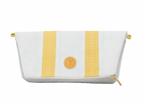 White and yellow python effect natural leather clutch | KRISTINAGOESWEST.COM  - 1